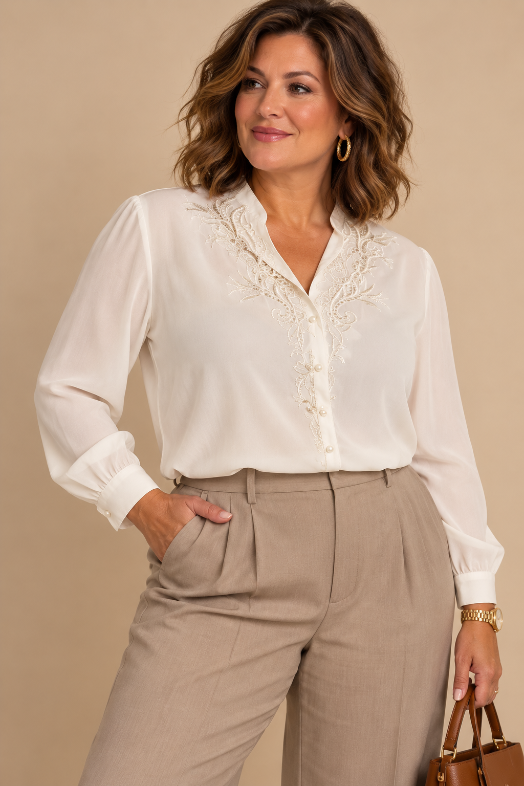 VTG Christie & Jill Blouse Women’s 16 White Beaded LS Button Up Embroidered