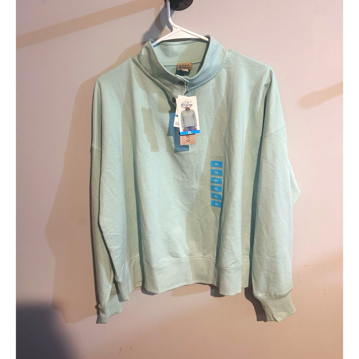 Como Vintage Men's XL Blue Haze Solid Collared Henley Fleece Pullover Sweatshirt