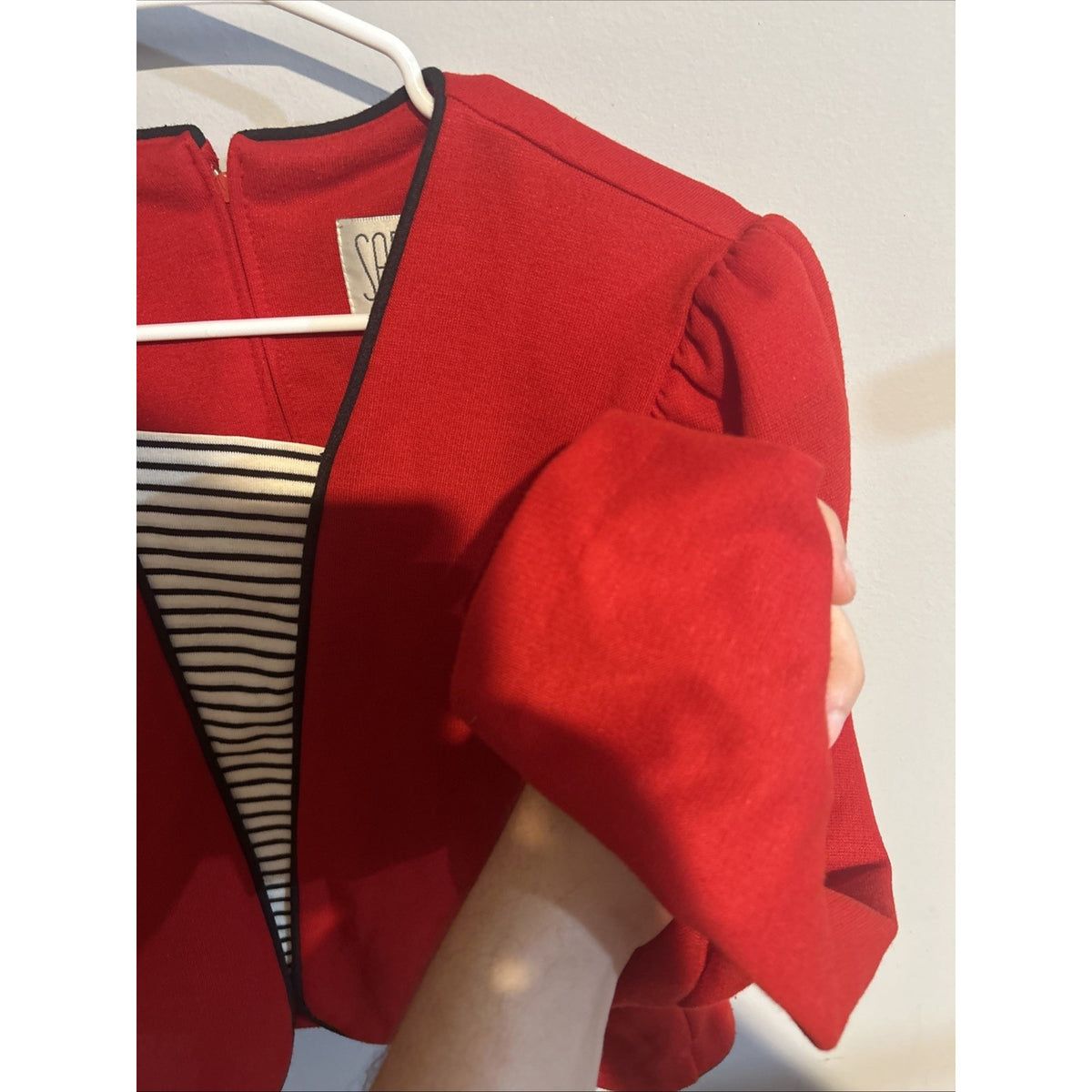 Vintage 80s Sabino Petites Red Cropped Blazer Top Striped Inset Shoulder Pads
