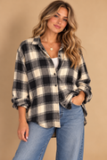 Old Navy The Boyfriend Shirt Flannel Plaid Button-Up Black/White/Gray XL
