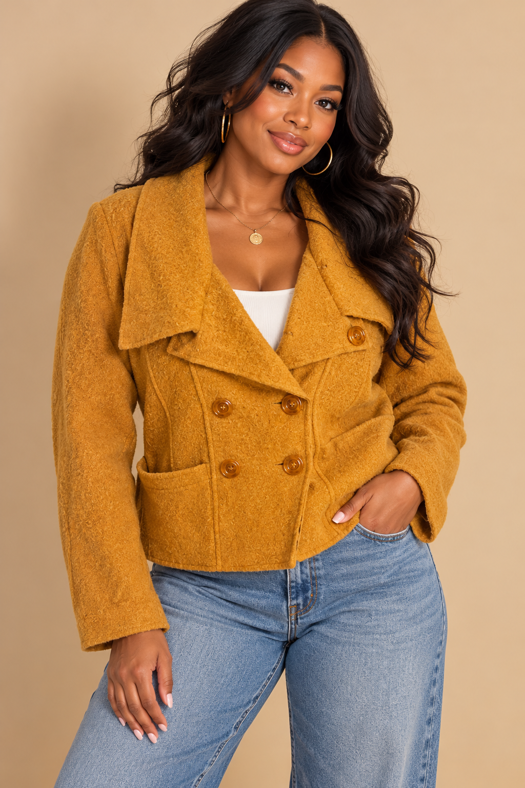 DM New York Womens Tan Wool Felted Pea Coat Jacket Button Front Pockets Size L