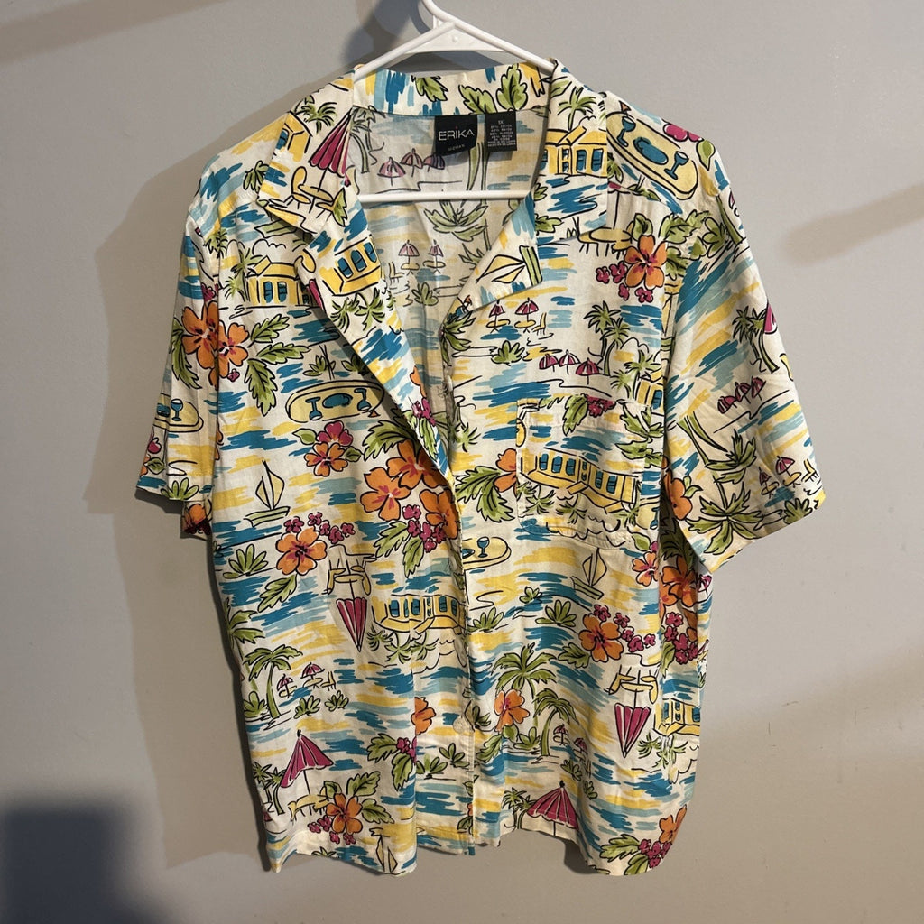 ERIKA Tropical Resortwear Button Up Top Shirt Size 1X Cotton Blend 90’s-00’s
