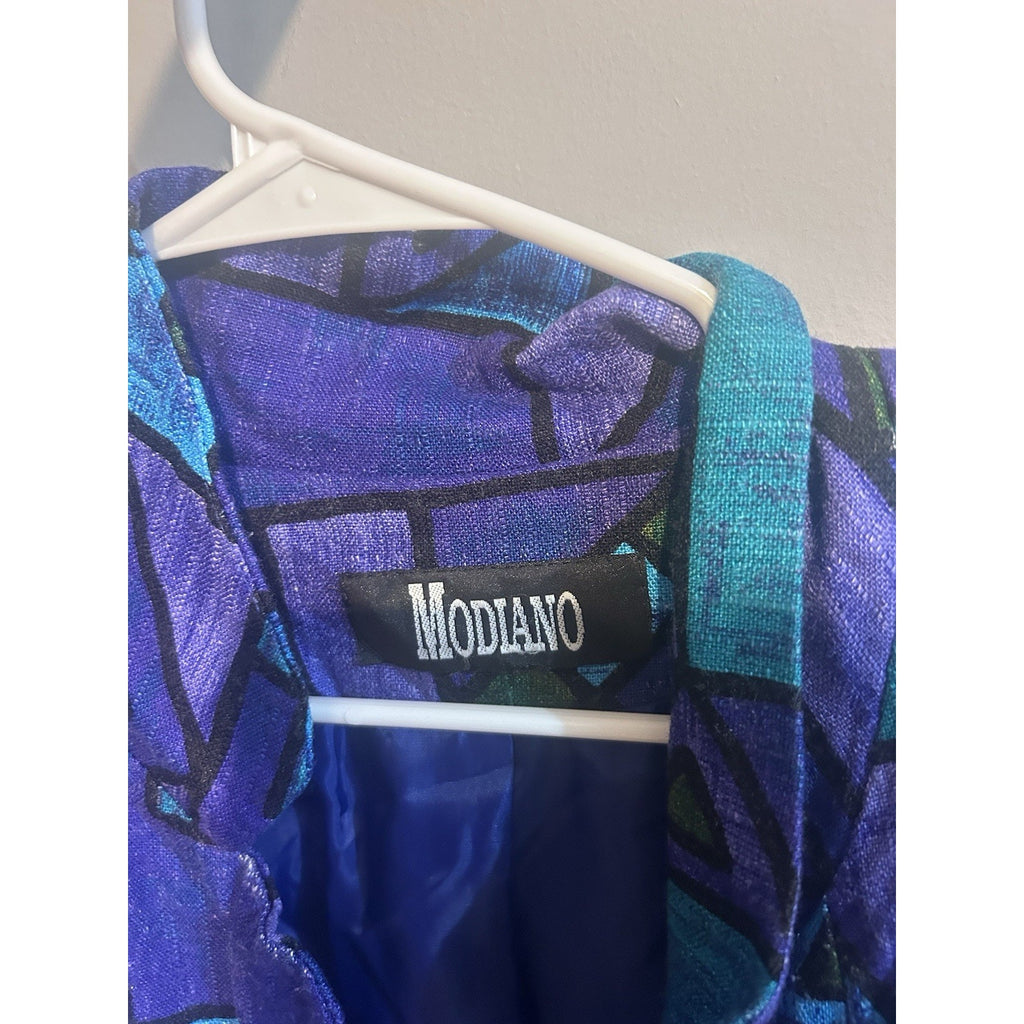 Modiano Women’s Geometric V-Neck Short Sleeve Button-Front Blouse Sz 14 Purple