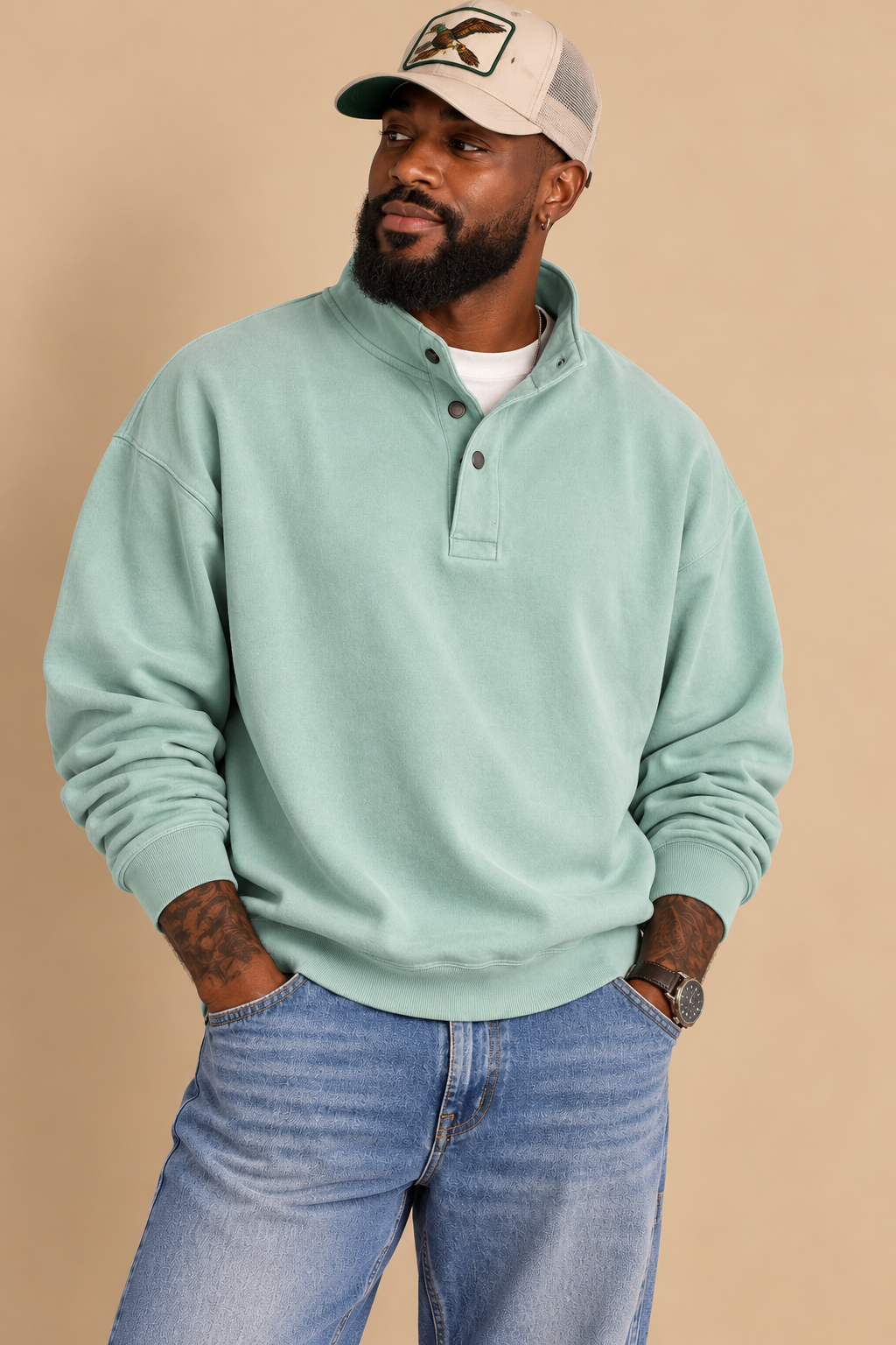 Como Vintage Men's XL Blue Haze Solid Collared Henley Fleece Pullover Sweatshirt