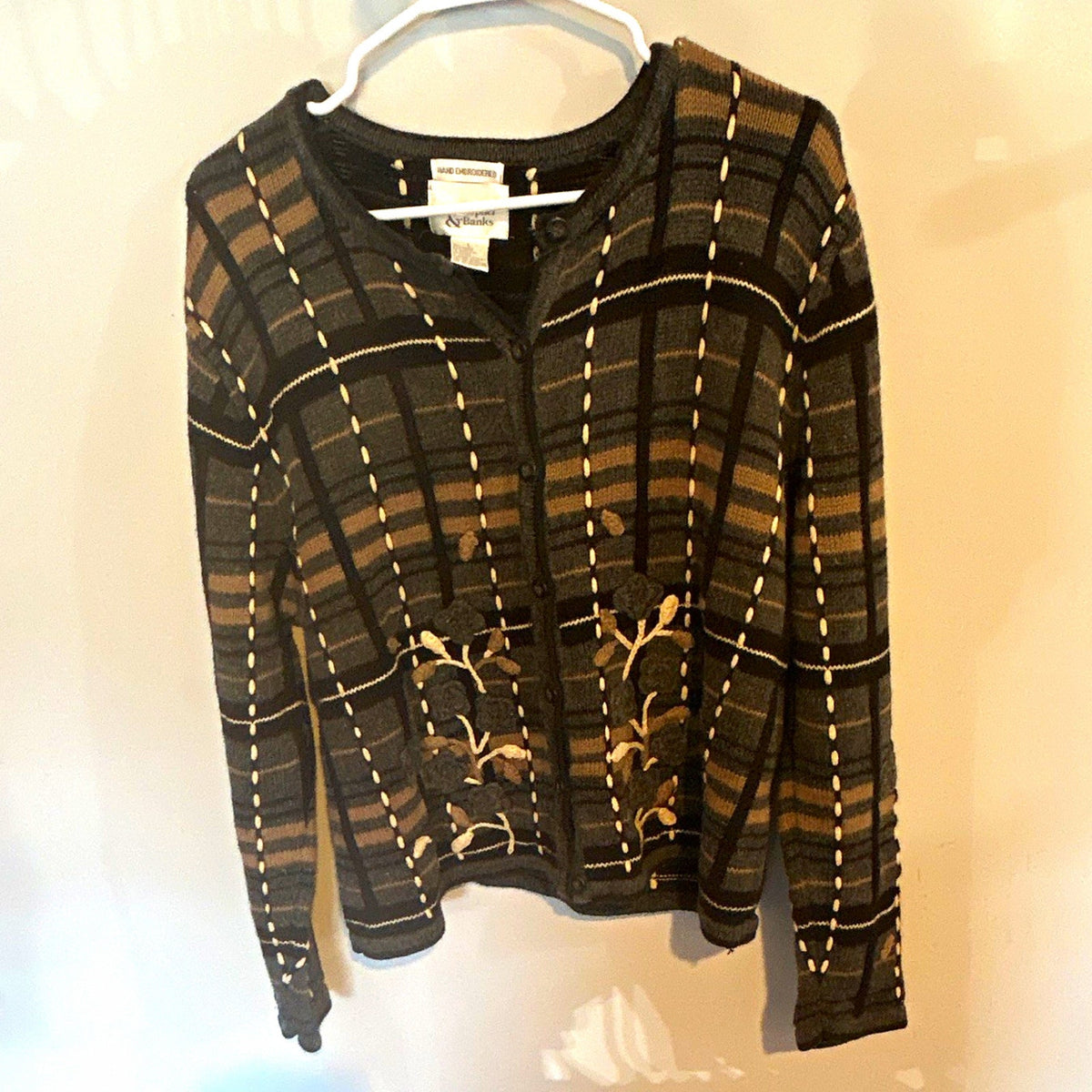 Cottagecore Christopher & Banks Plaid Embroidered Button Front V-Neck Cardigan L