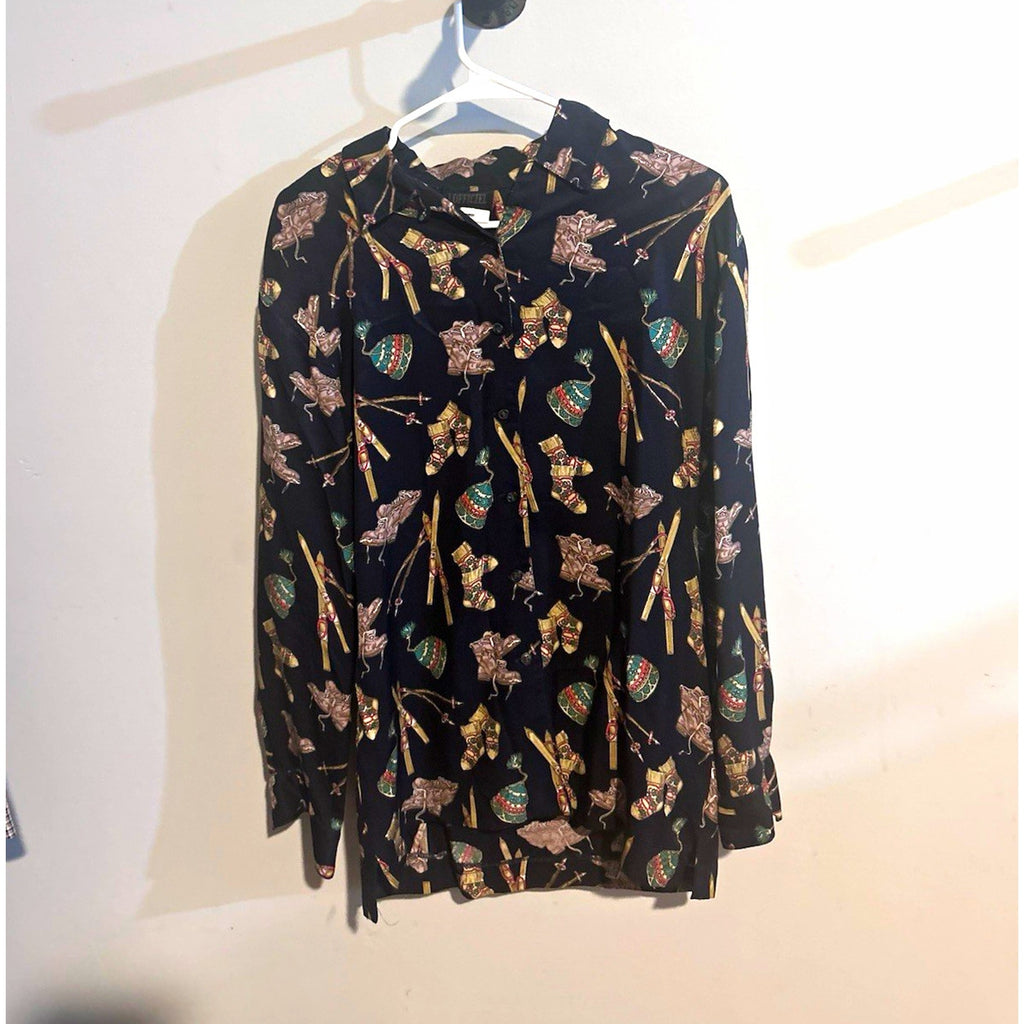 L'Officiel Women’s Black Chiffon Novelty Ski Print Collared LS Button-Up M