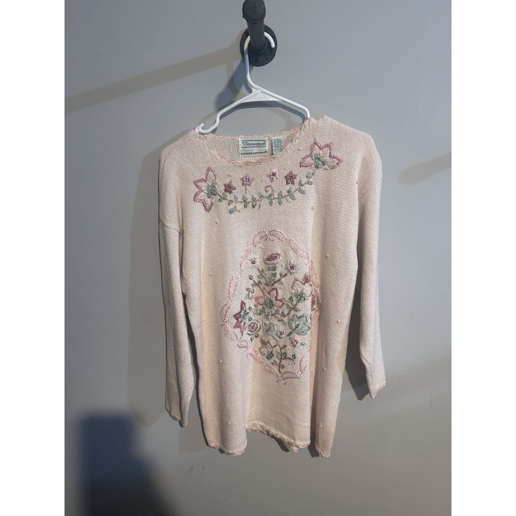 Shenanigans Women’s Beige Knit Crew Neck Floral Embroidered Beaded Sweater M VTG