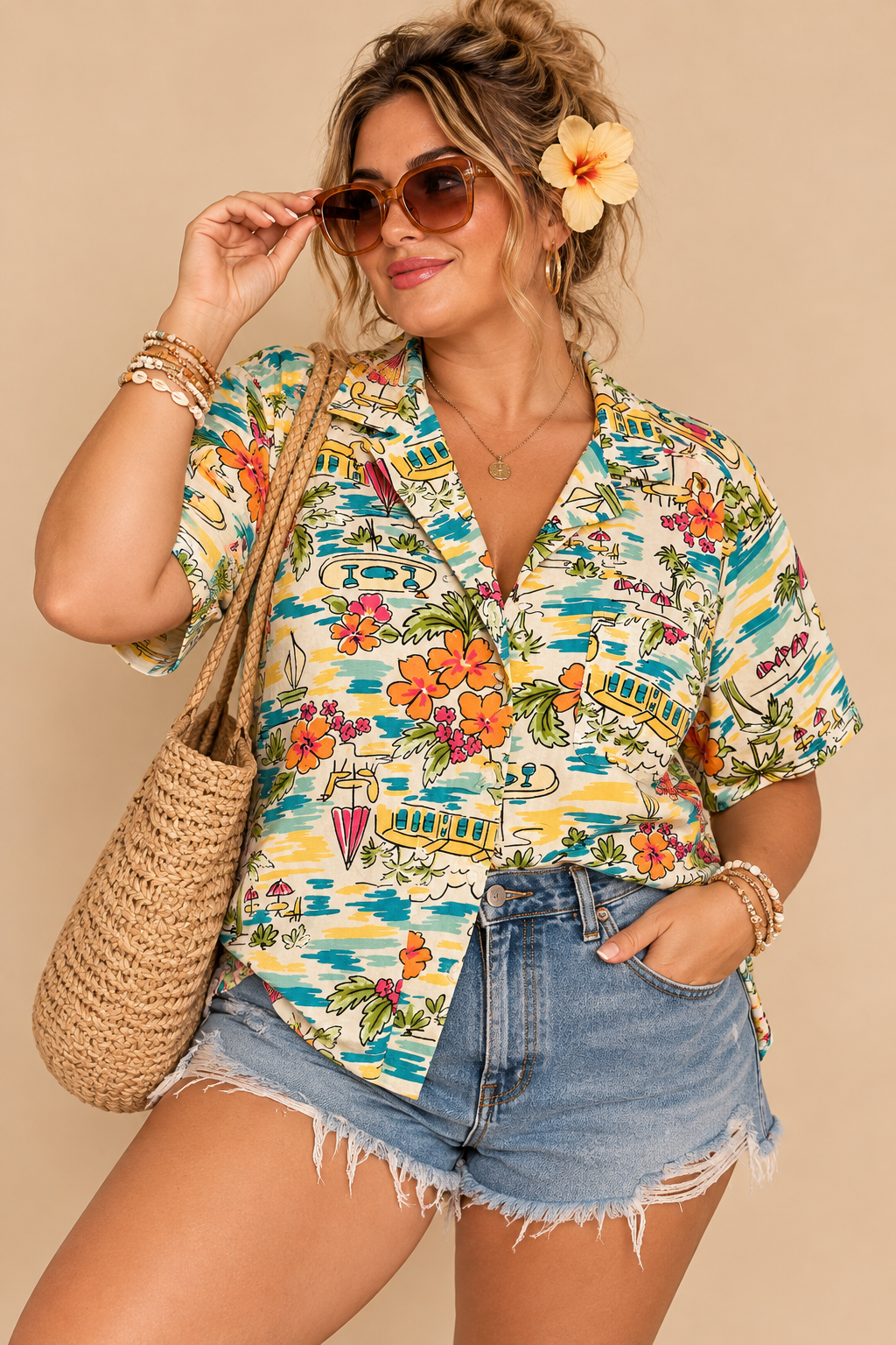 ERIKA Tropical Resortwear Button Up Top Shirt Size 1X Cotton Blend 90’s-00’s