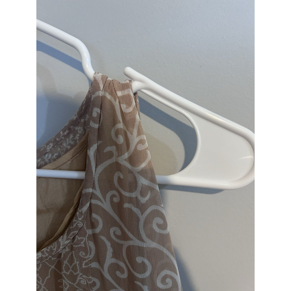 Saji Women Beige/White Floral Scoop Neck Chiffon Maxi Dress Lined Layered L