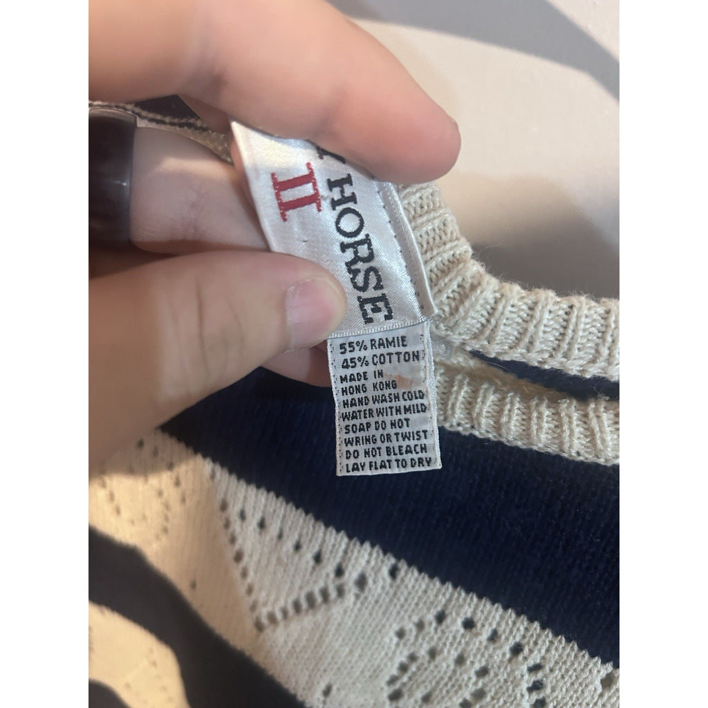 Crazy Horse Women’s Navy/Beige Striped Open-Knit Crew Neck Pullover Sweater L