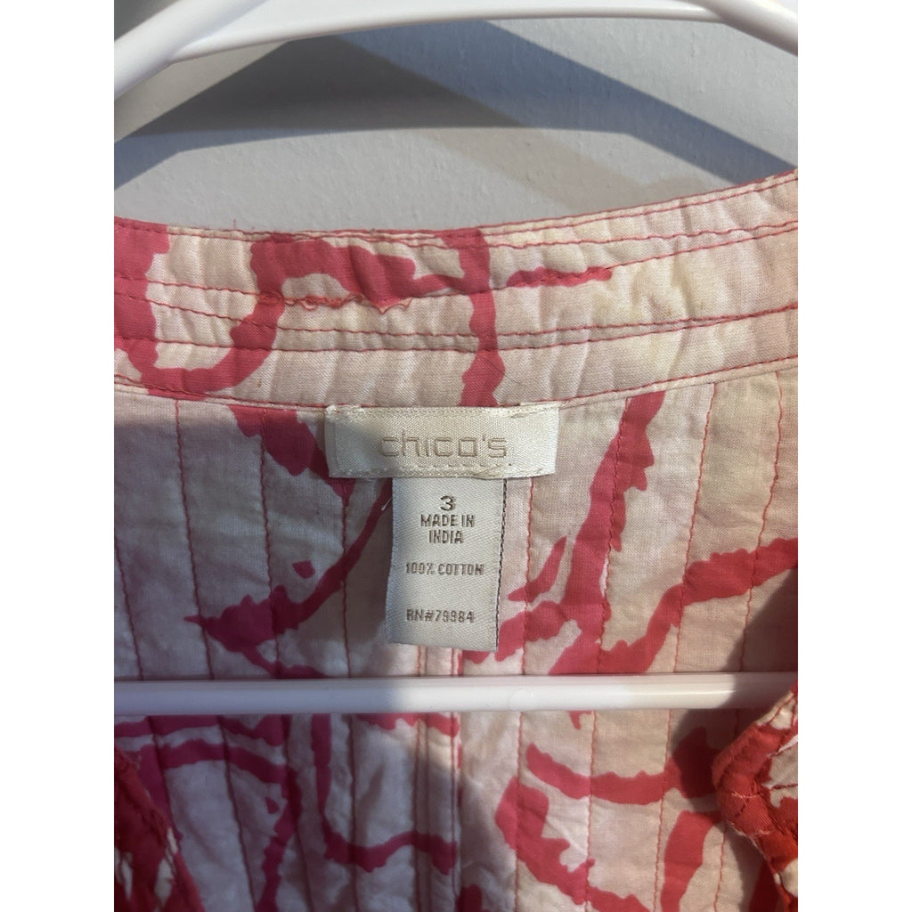Chico's Womens Quilted Jacket Size 3 Juniors Coral White Abstract Open Front 3/4