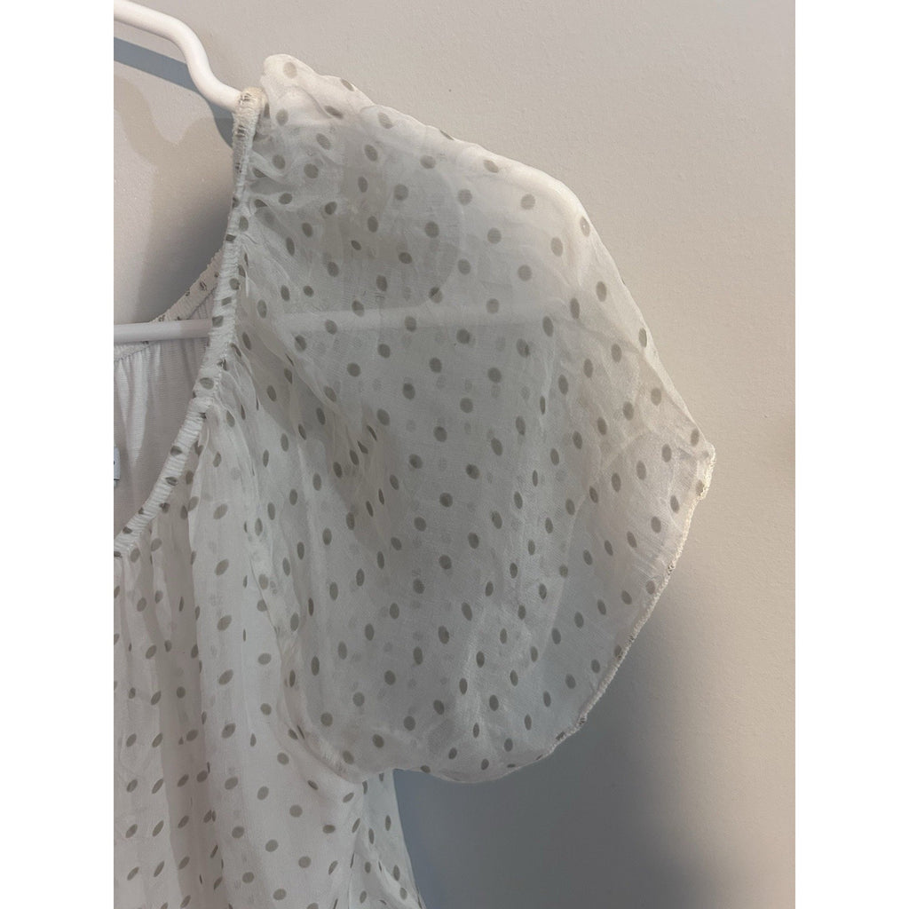 Luisa Ricci White Gray Polka Dot Silk Chiffon Blouse Square Neck Smocked Sz S