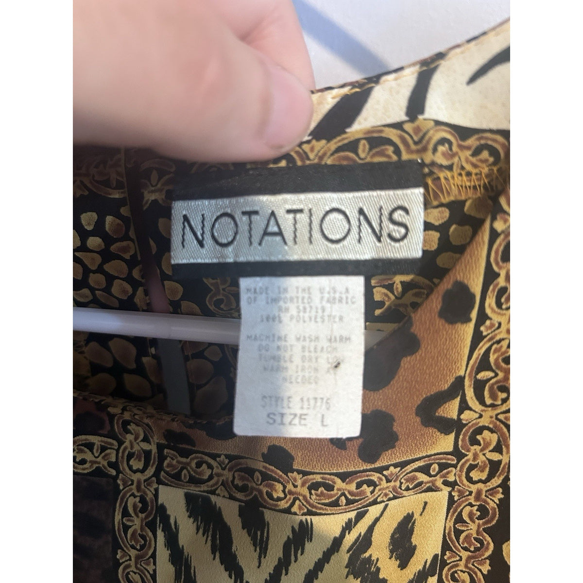 Notations Women’s Blouse L SS Round Neck Animal Print Patchwork Brown/Beige