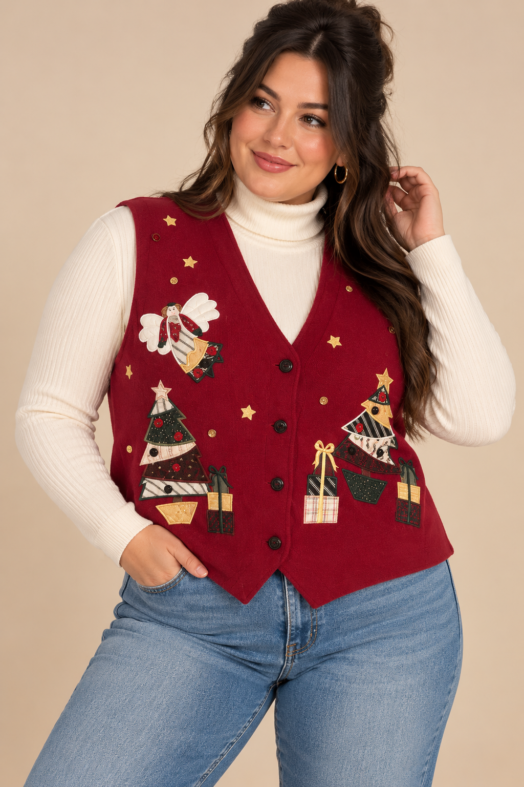 Karen Scott Women’s Red Christmas Angel Graphic Knit Button Front Sweater Vest L