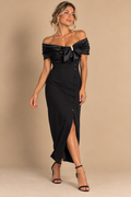 Women Black Off Shoulder Satin Sheath Midi Dress 8 Bow Beaded Button Zip Lined