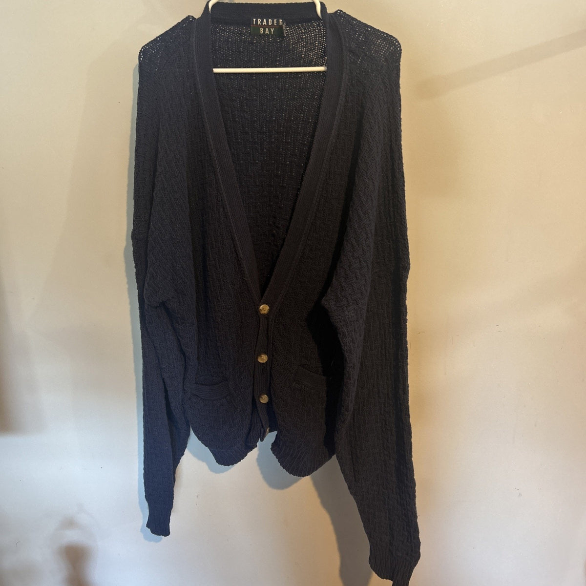 Vintage Trader Bay Cardigan Sweater Unisex Navy Geometric Knit V-Neck Button USA
