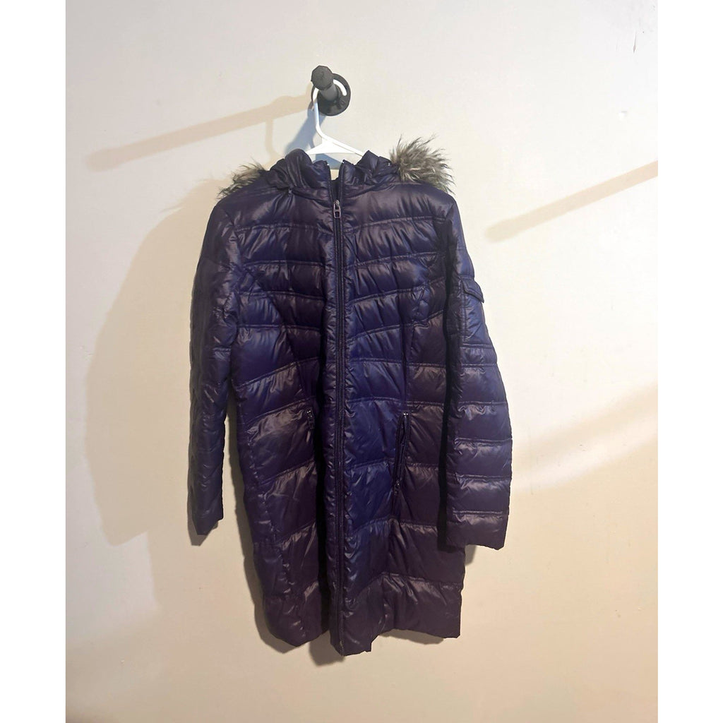 Coldwater Creek Womens 10-12 Purple Down Puffer Coat Hood Faux Fur Long Zip