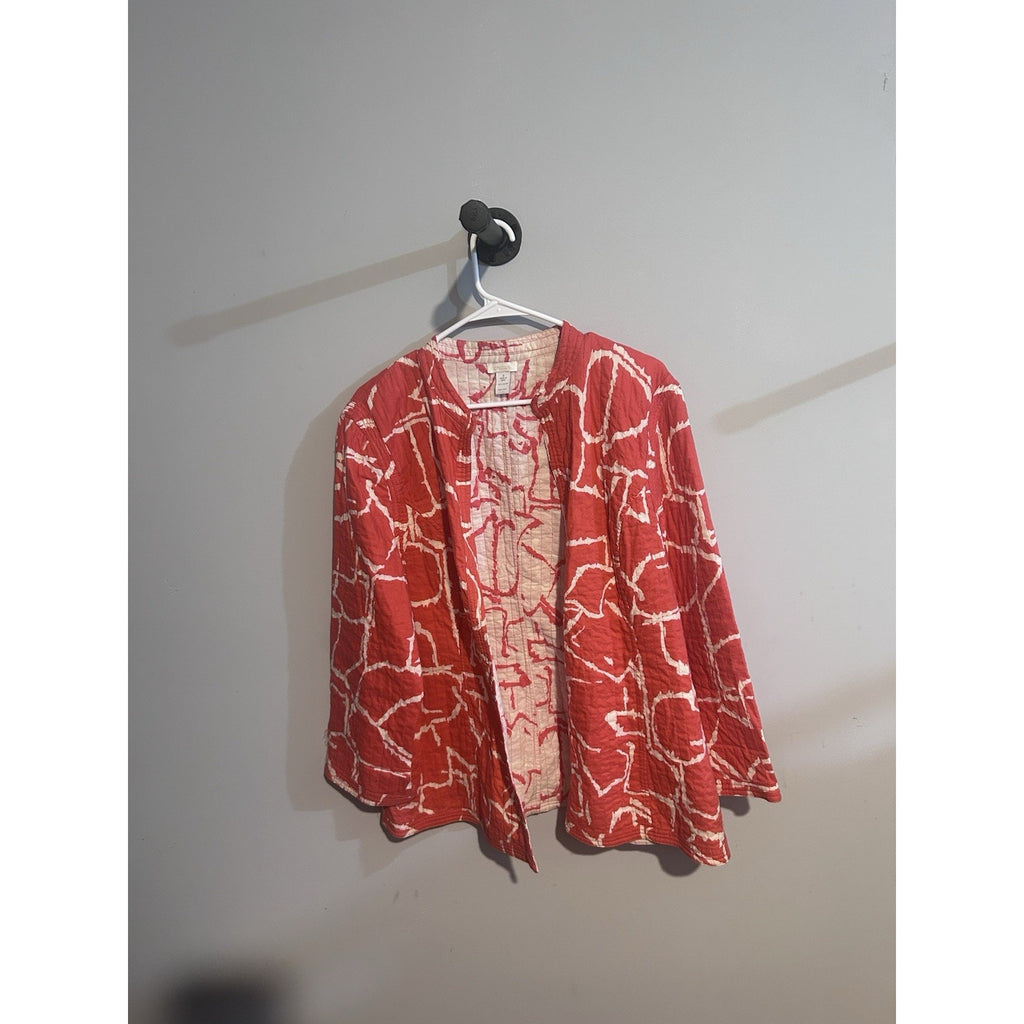 Chico's Womens Quilted Jacket Size 3 Juniors Coral White Abstract Open Front 3/4