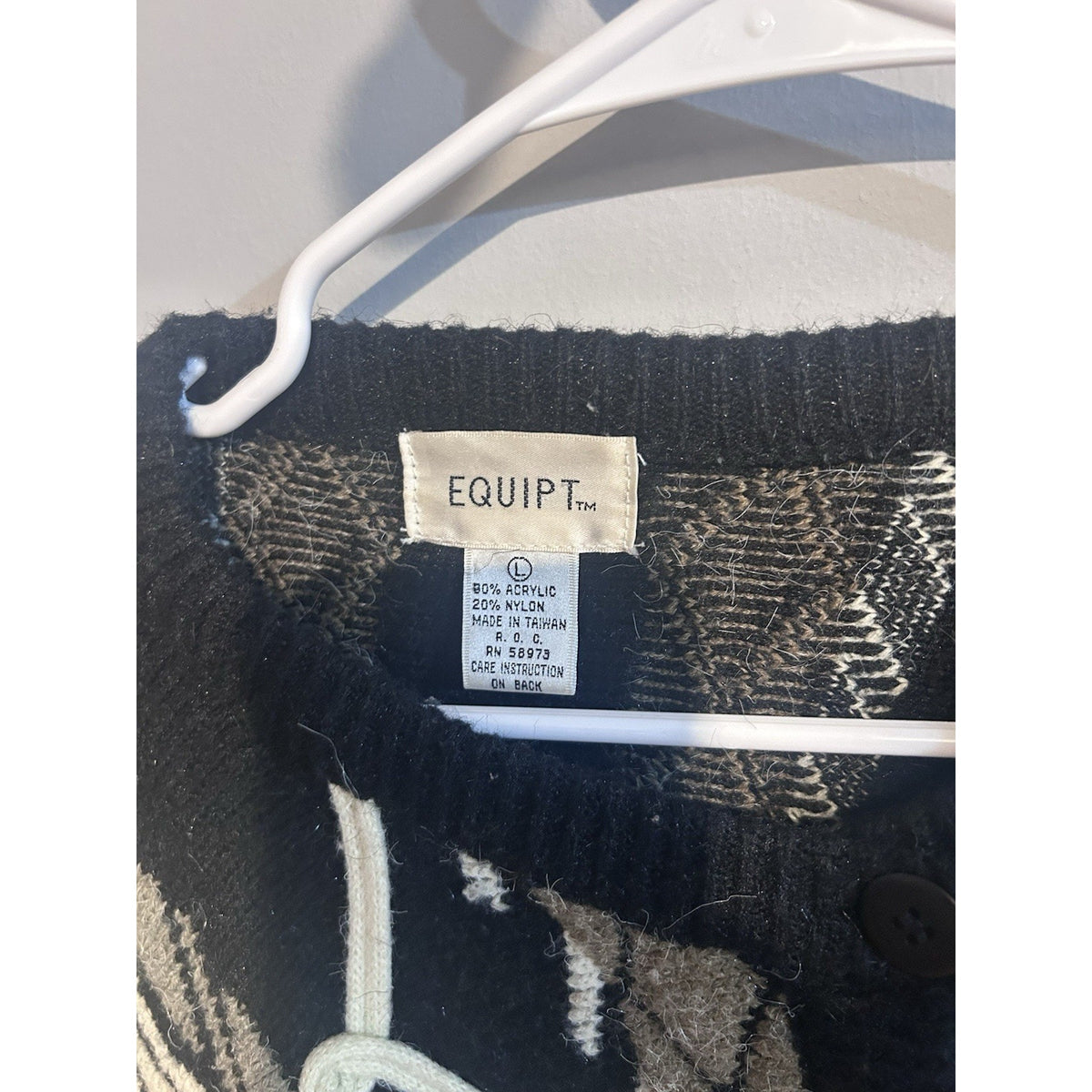 EQUIPT Women’s Black/Brown/White Geometric Knit Round Neck Cardigan L