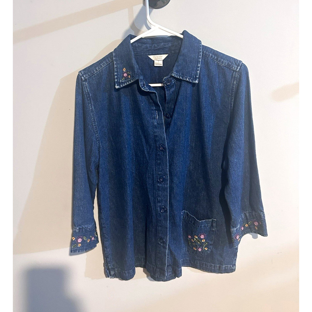 Christopher & Banks Women’s Blue Denim Floral Embroidered Collared Button-Up S