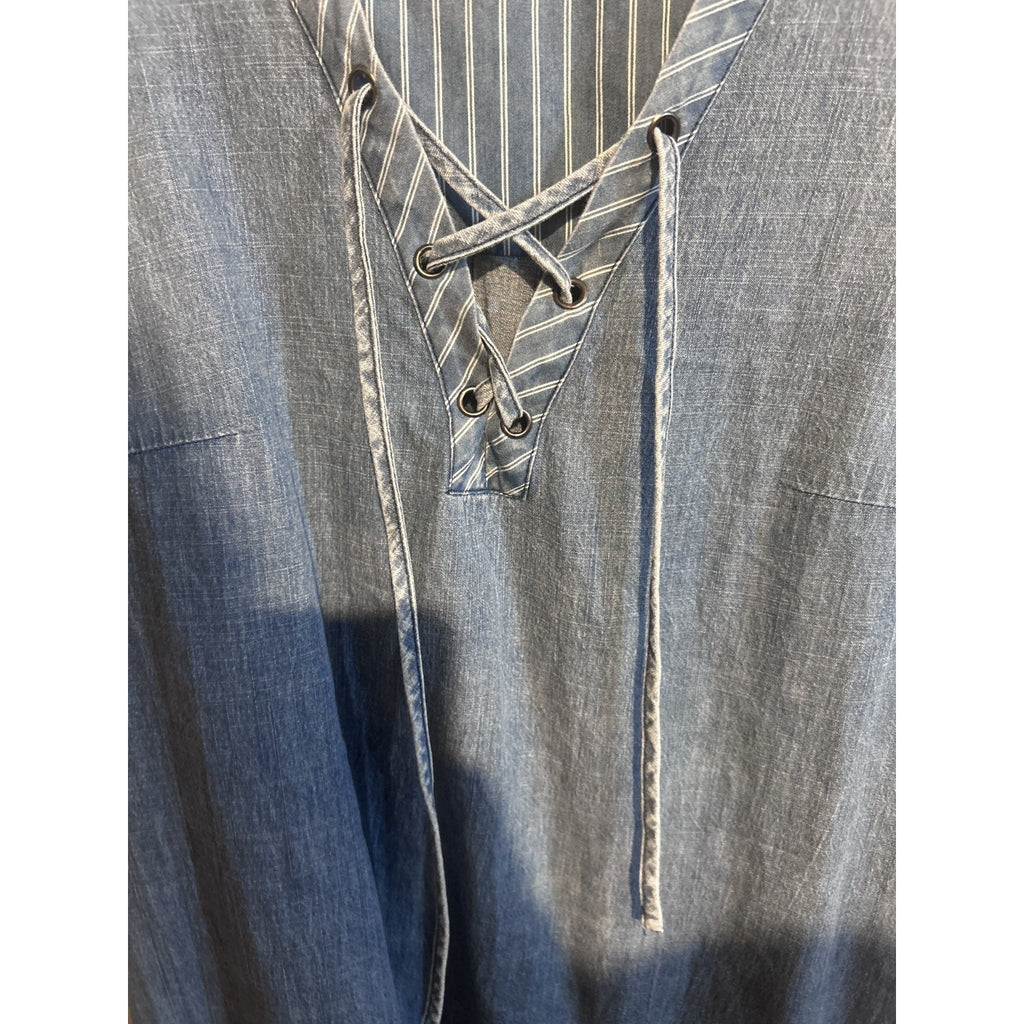 Humming Bread Denim Dress with Large Pockets and Crisscross Neckline Size Medium