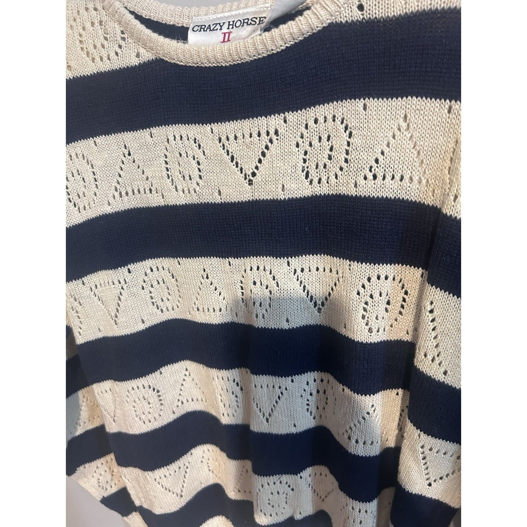 Crazy Horse Women’s Navy/Beige Striped Open-Knit Crew Neck Pullover Sweater L