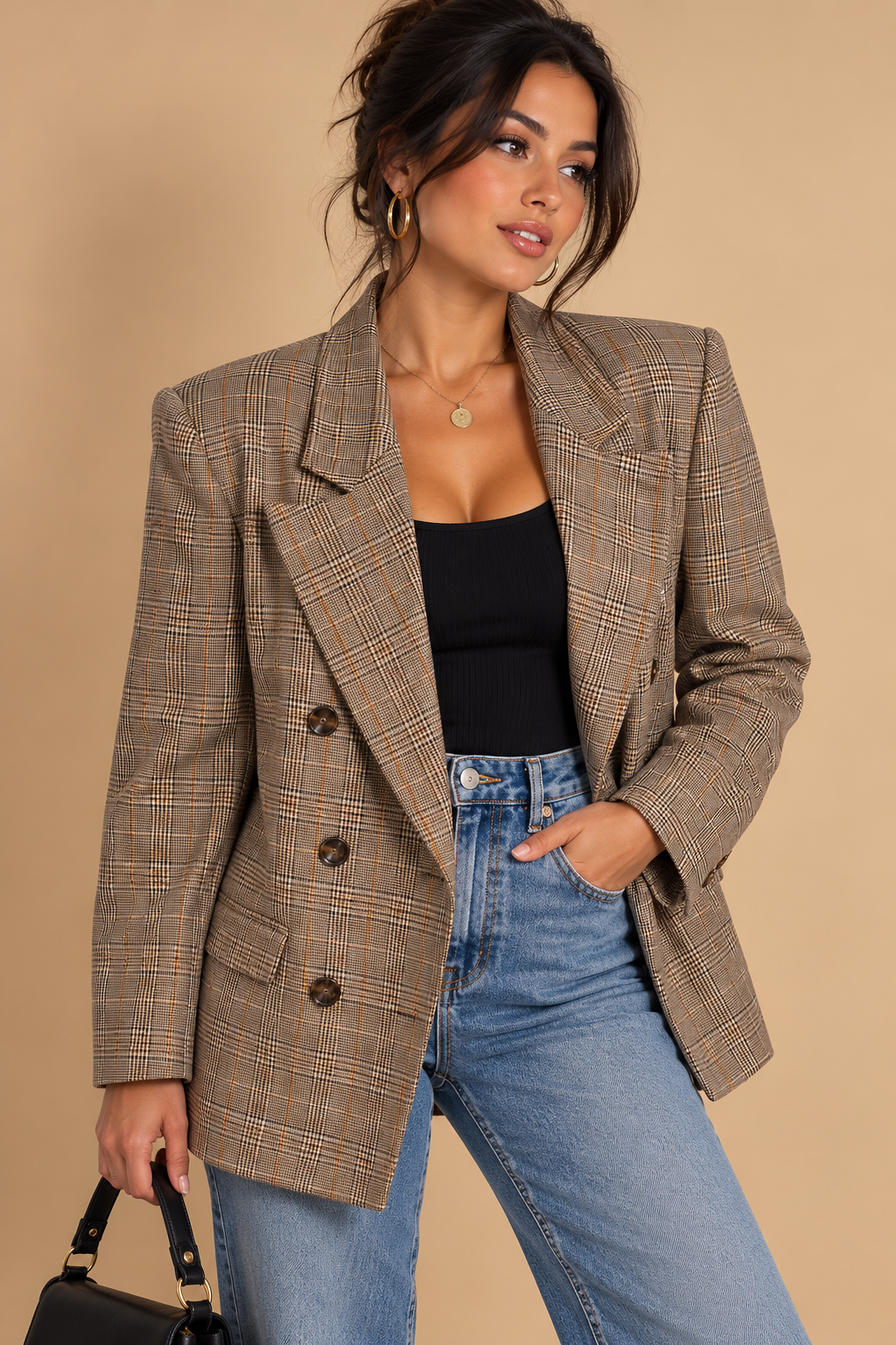 Joan Leslie Womens Brown Plaid Tweed Wool Double Breasted Lined Blazer 12P VTG