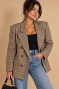 Joan Leslie Womens Brown Plaid Tweed Wool Double Breasted Lined Blazer 12P VTG