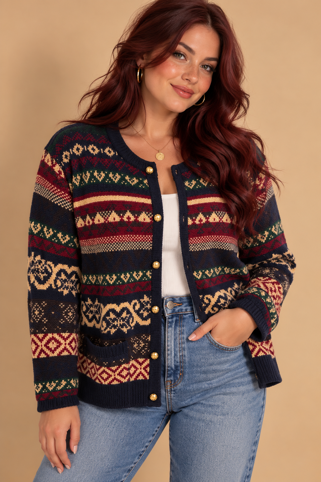 Crystal Kobe Women’s Multicolor Fair Isle Knit Button Pockets Cardigan PL