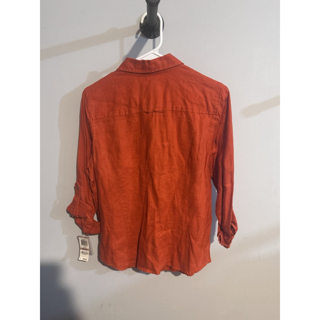 Style & Co Women’s Petites 12P Orange Linen Collared LS Button-Up Shirt Pockets