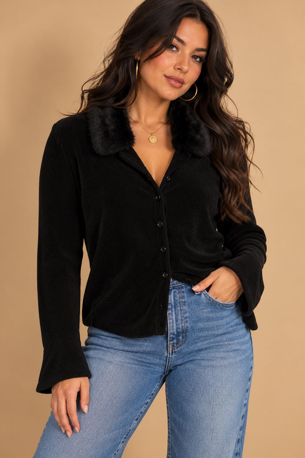 Norton McNaughton Womens Black Button Front Jacket Faux Fur Collar Size L