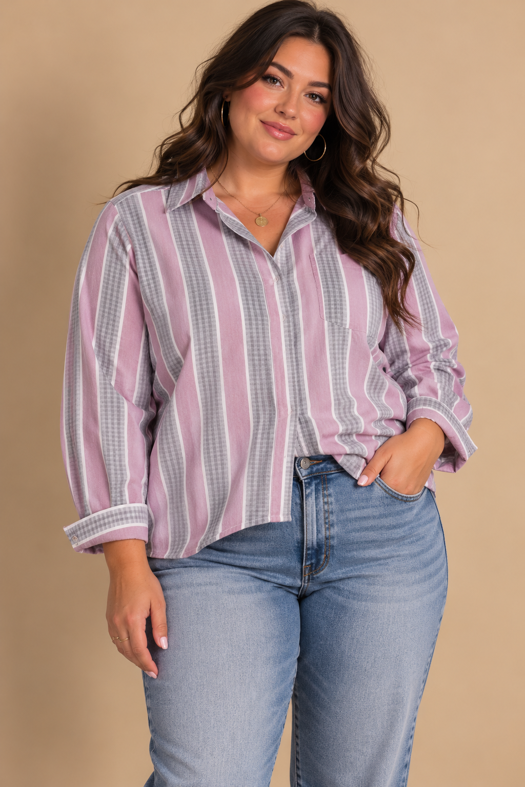 Cripo Sportive Women's 44 Button Down Vertical Stripe 100% Polyester Top