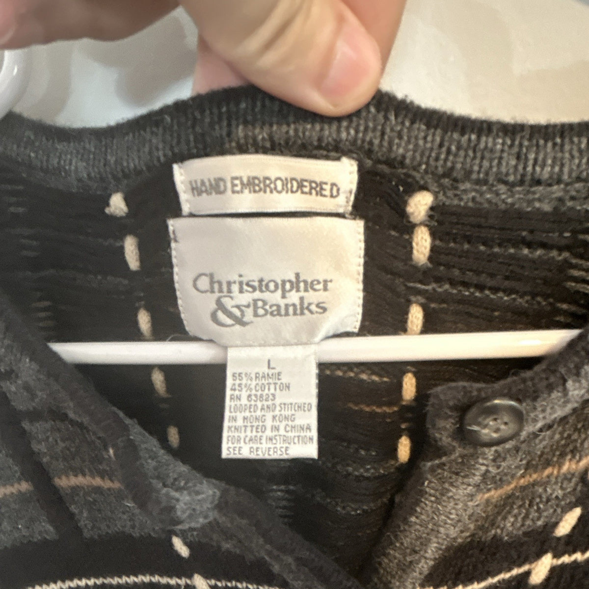 Cottagecore Christopher & Banks Plaid Embroidered Button Front V-Neck Cardigan L
