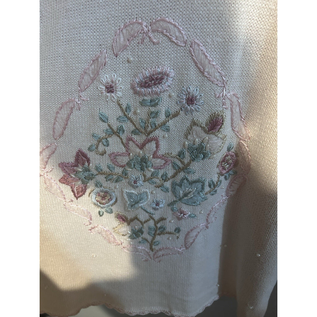 Shenanigans Women’s Beige Knit Crew Neck Floral Embroidered Beaded Sweater M VTG