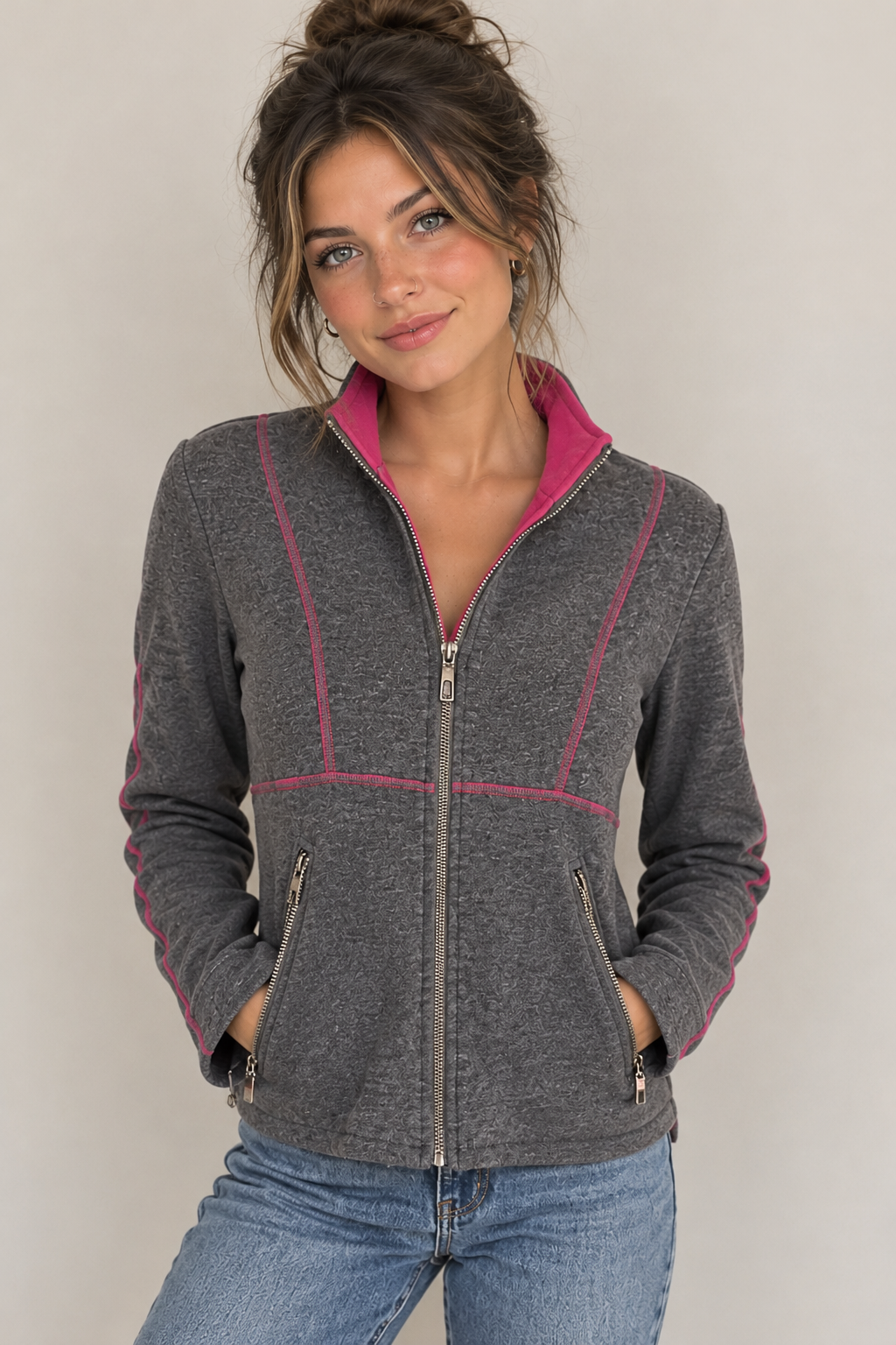 Bloomingdale's Gray and Pink Zip Up Jacket