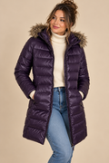 Coldwater Creek Womens 10-12 Purple Down Puffer Coat Hood Faux Fur Long Zip