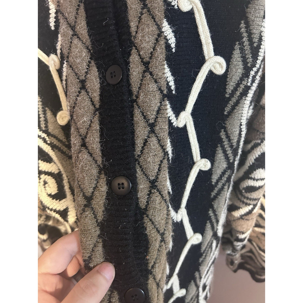 EQUIPT Women’s Black/Brown/White Geometric Knit Round Neck Cardigan L