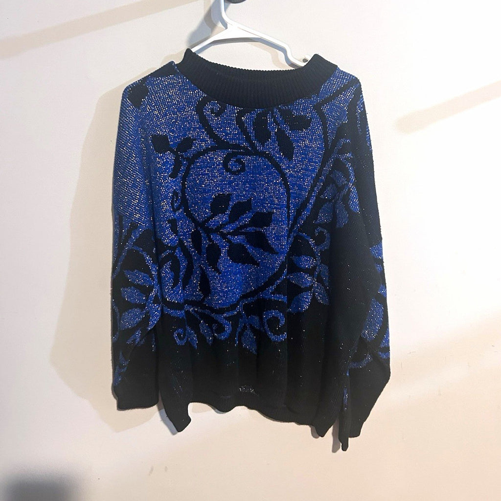 New Dorsey Black/Blue Floral Metallic Knit Crew Pullover Sweater M/L
