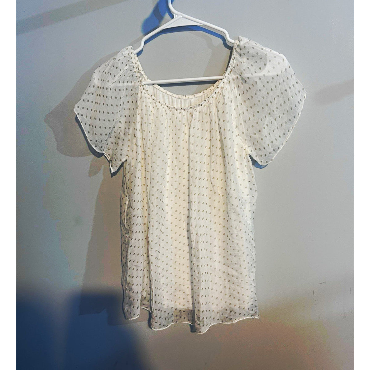 Luisa Ricci White Gray Polka Dot Silk Chiffon Blouse Square Neck Smocked Sz S