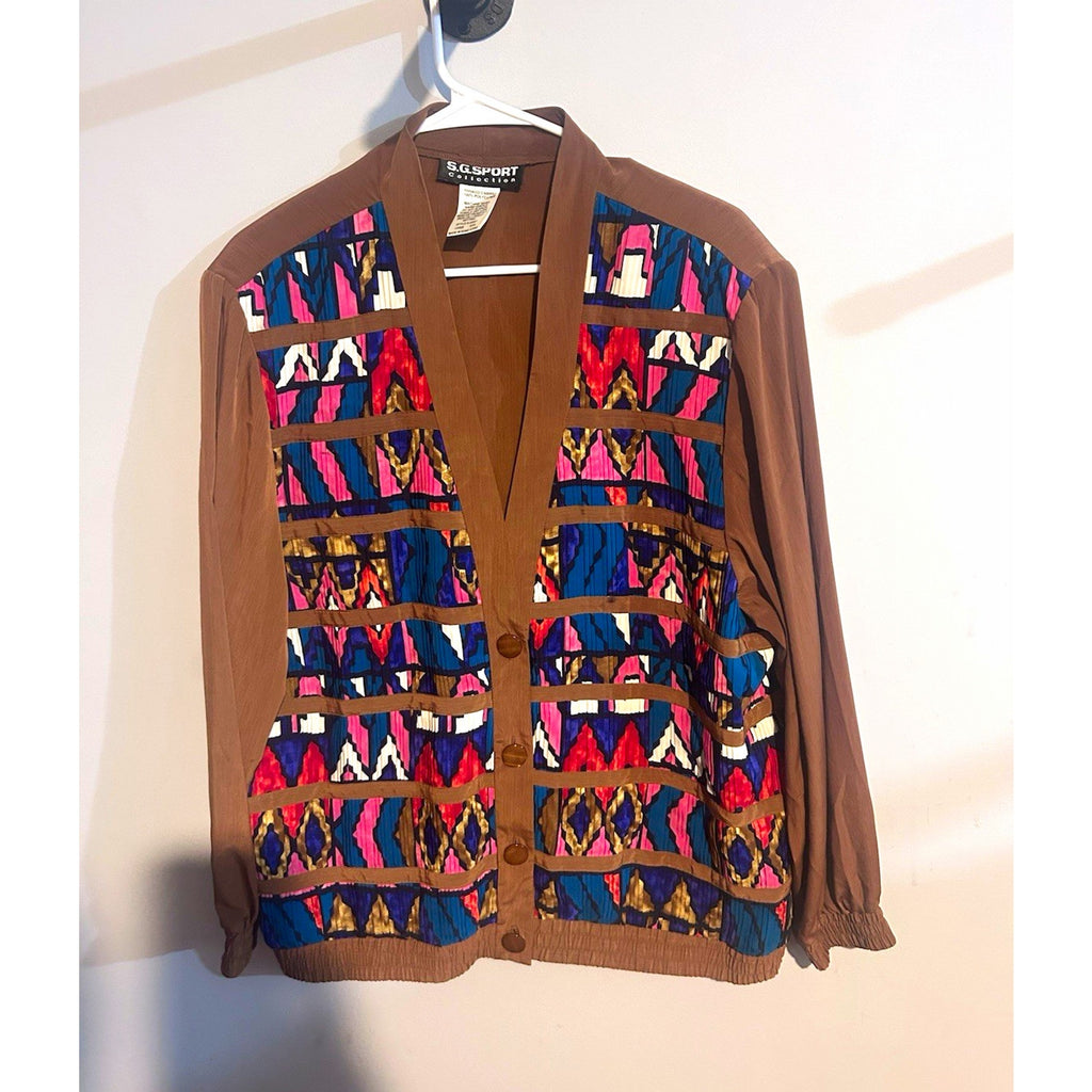 S.G. Sport Women’s Brown Multicolor Geometric Knit V-Neck Button Cardigan L