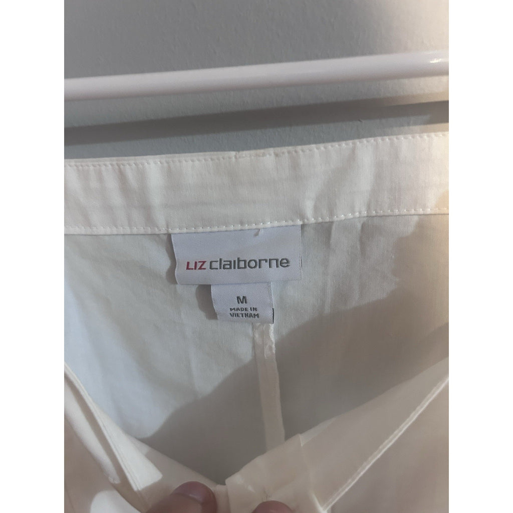 Liz Claiborne Womens White Solid Square Neck Button Front Puff SS Blouse M
