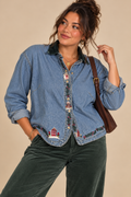 Bill Blass Blue Cotton LS Christmas Button Front Trucker Womens Jacket Size L