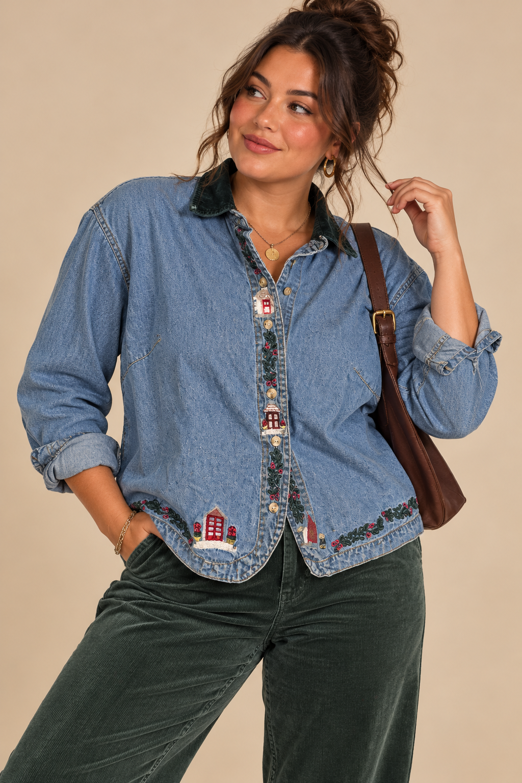 Bill Blass Blue Cotton LS Christmas Button Front Trucker Womens Jacket Size L