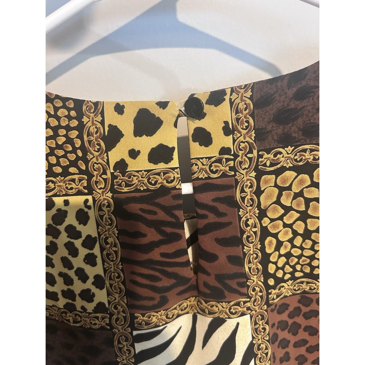 Notations Women’s Blouse L SS Round Neck Animal Print Patchwork Brown/Beige