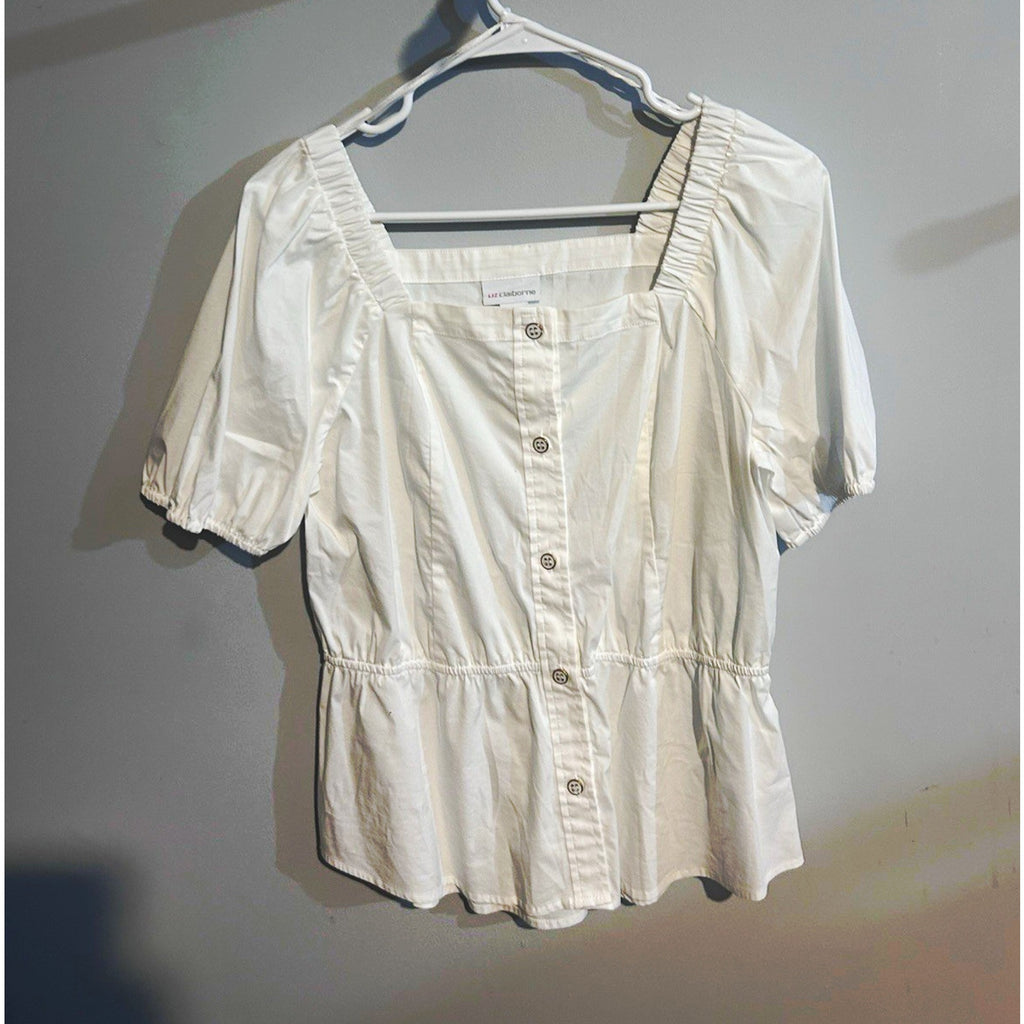 Liz Claiborne Womens White Solid Square Neck Button Front Puff SS Blouse M