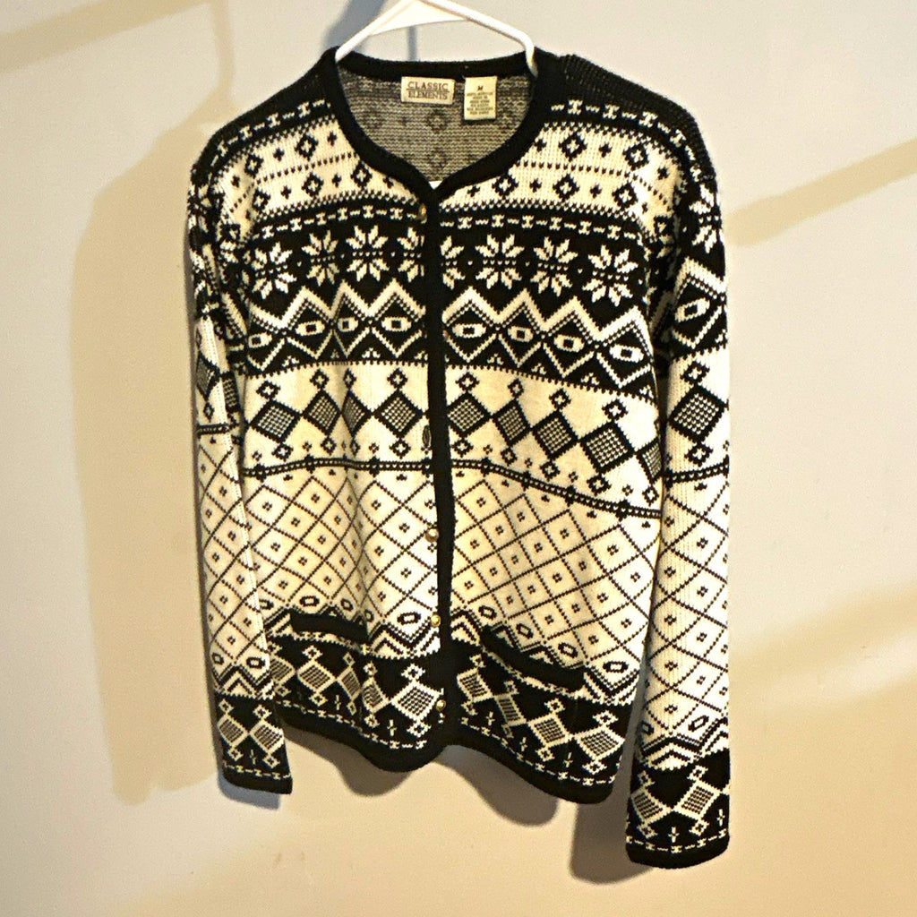 VTG Classic Elements Black/White Fair Isle Knit Button Front Pockets Cardigan M