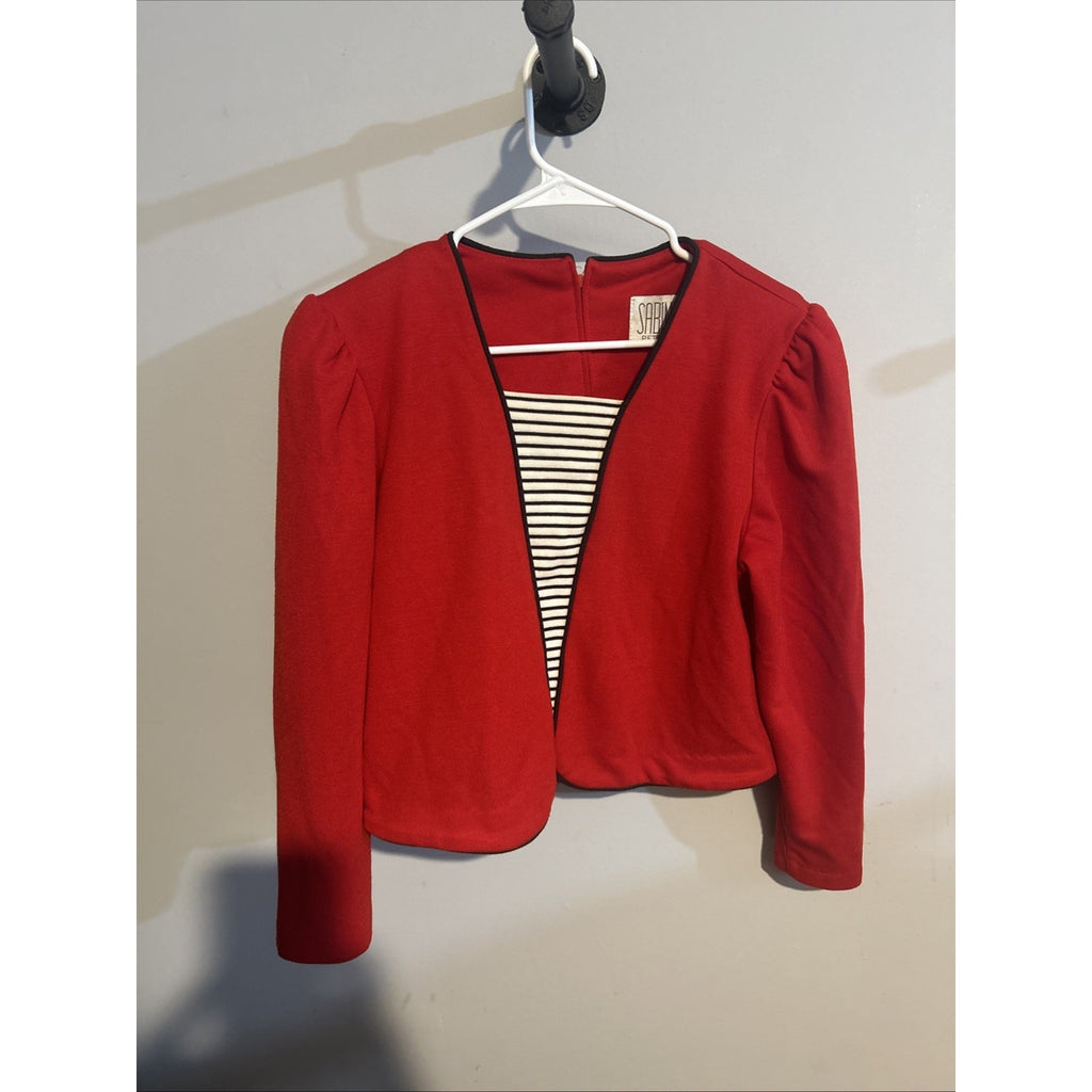 Vintage 80s Sabino Petites Red Cropped Blazer Top Striped Inset Shoulder Pads