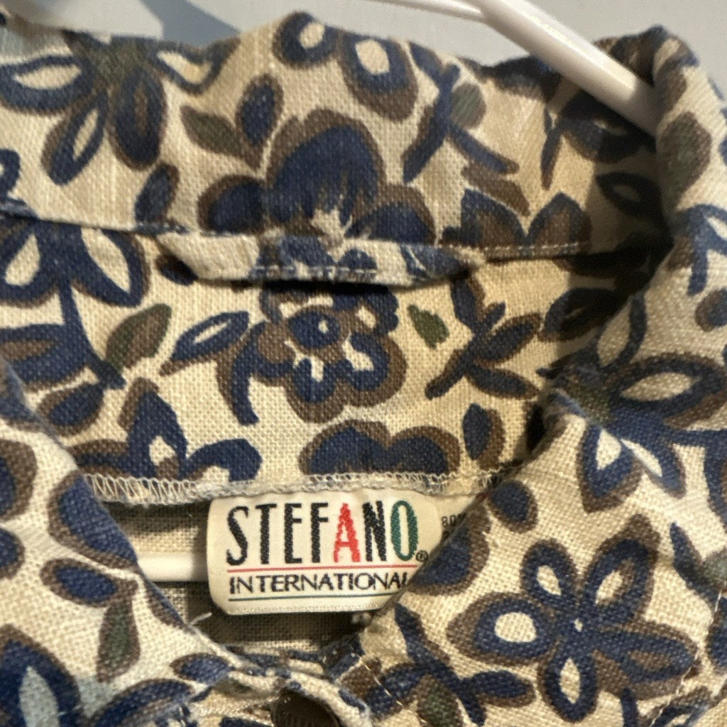 Stefano International Beige/Blue Floral Ramie/Cotton Button-Up Shirt 2XL VTG