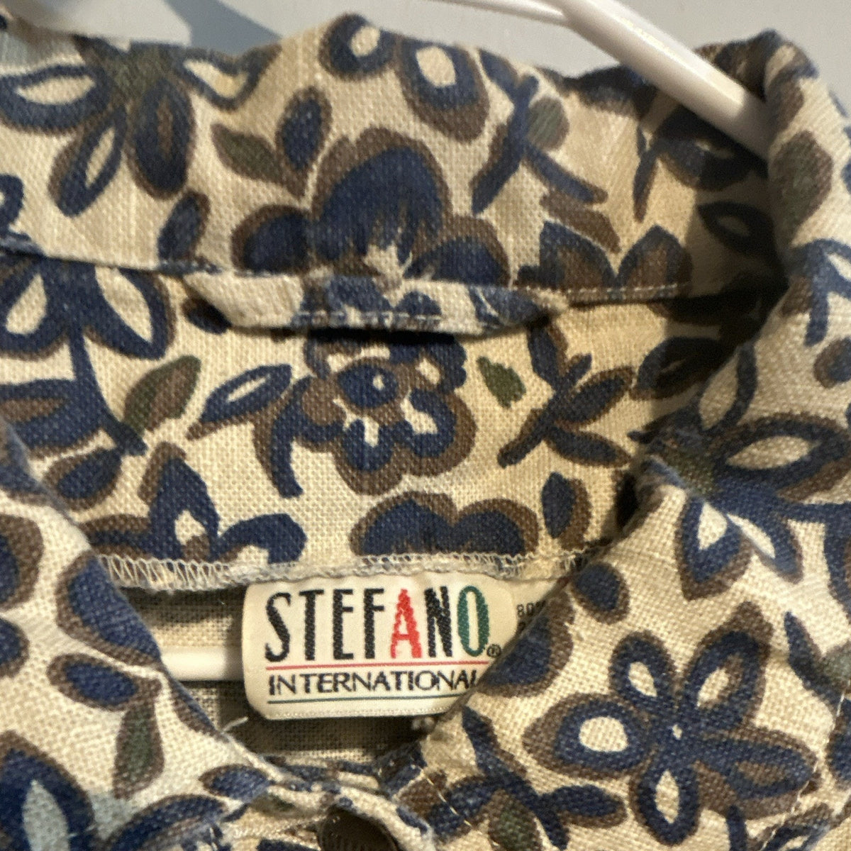 Stefano International Beige/Blue Floral Ramie/Cotton Button-Up Shirt 2XL VTG