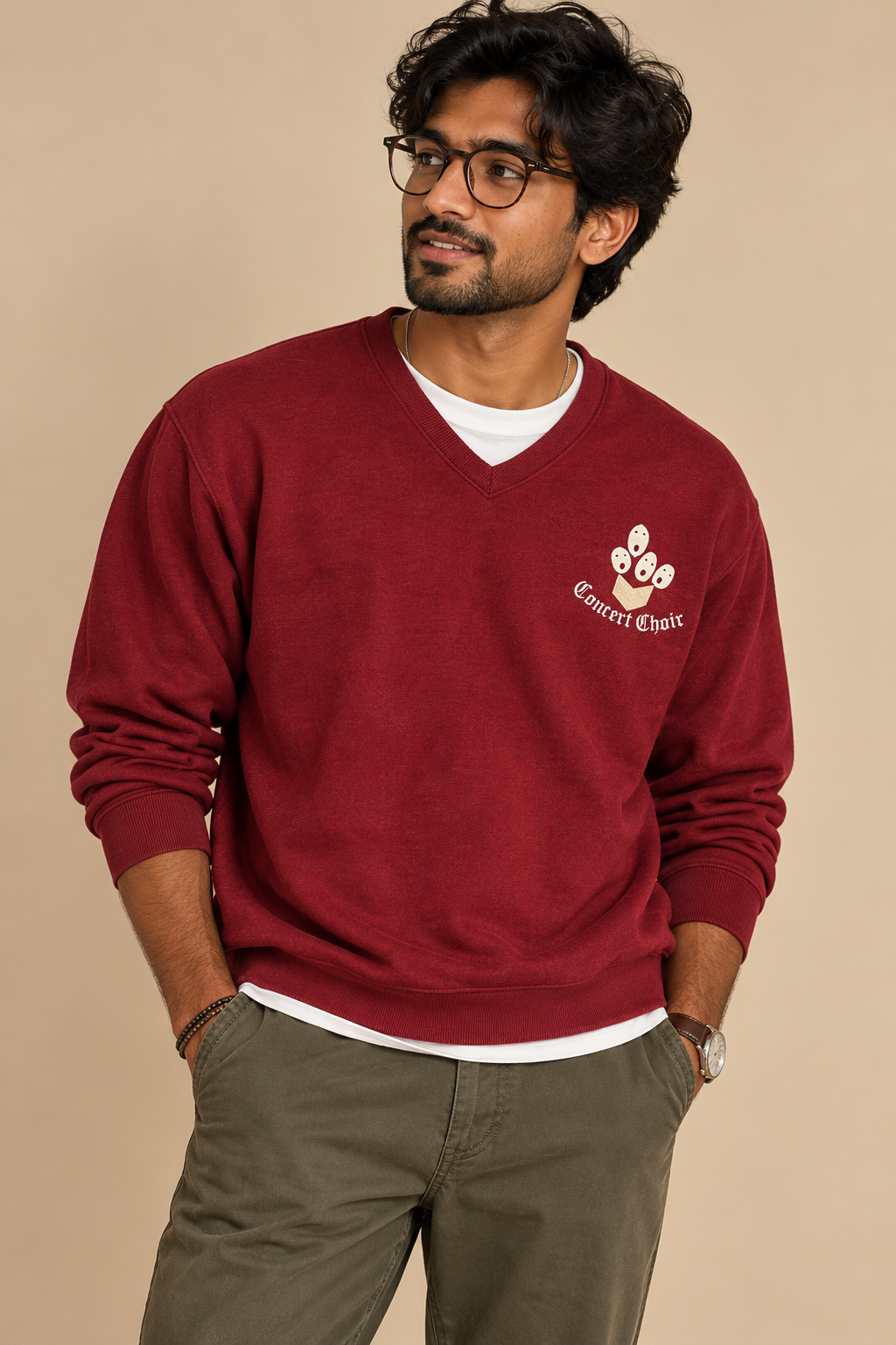 Men's Burgundy V-Neck Pullover Sweatshirt Graphic Print Concert Theme Size M